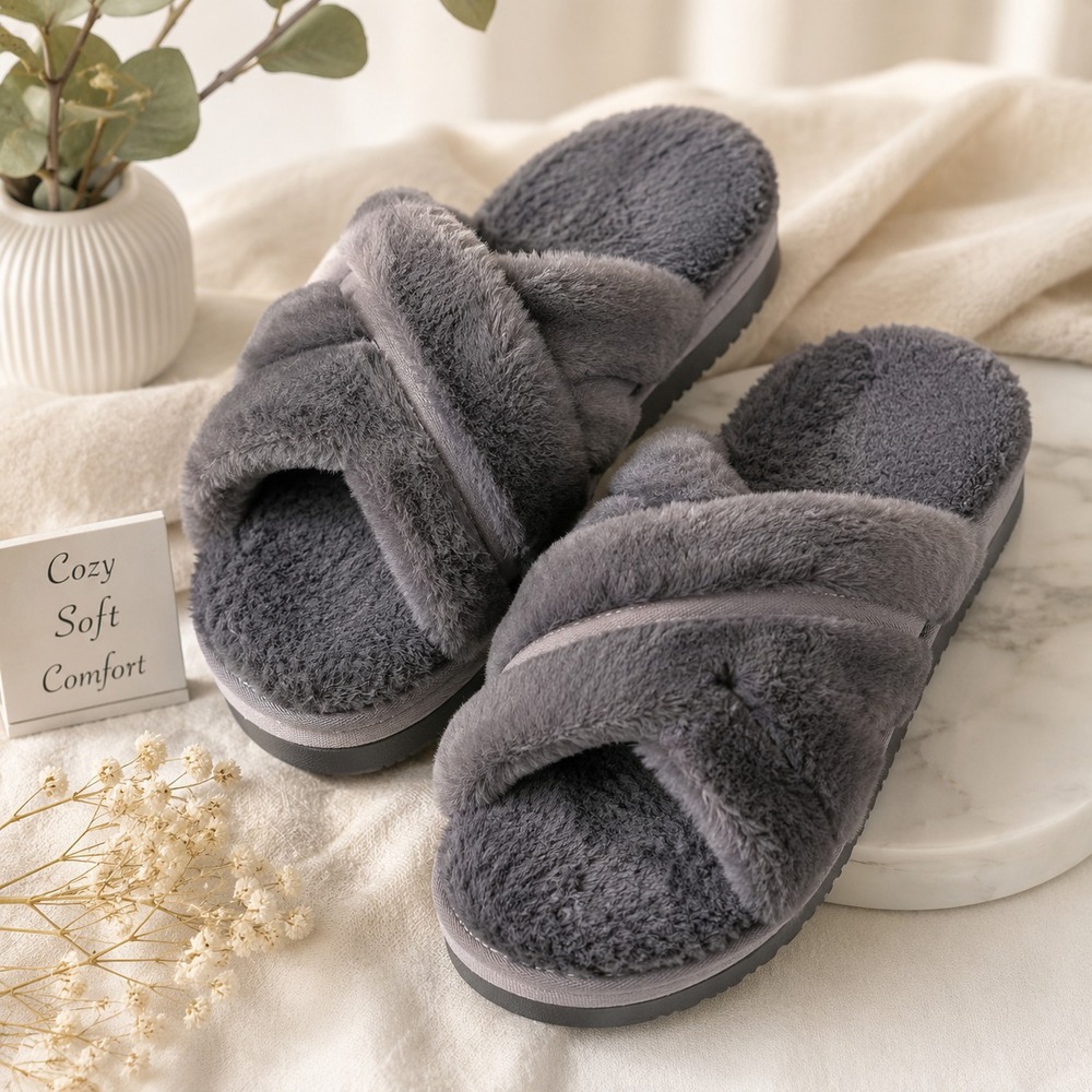 New Orthofeet Faux Fur Slippers Women Sz 9 Grey Crisscross Open Toe Plush Slides
